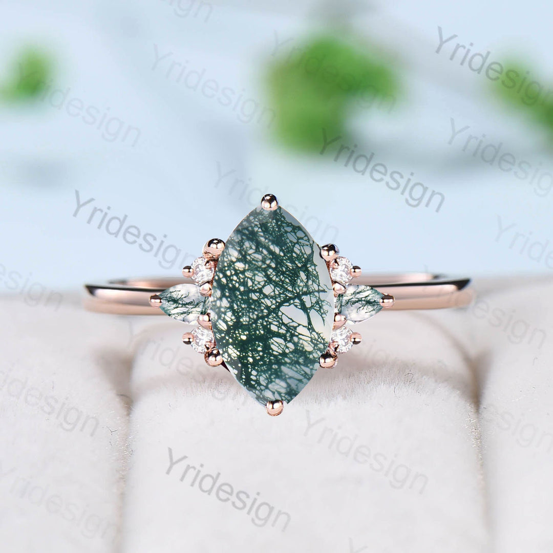 Vintage Marquise Cut Moss agate engagement ring cluster teardrop green agate ring for women silver rose gold 1 carat aquatic gem wedding Ring - PENFINE