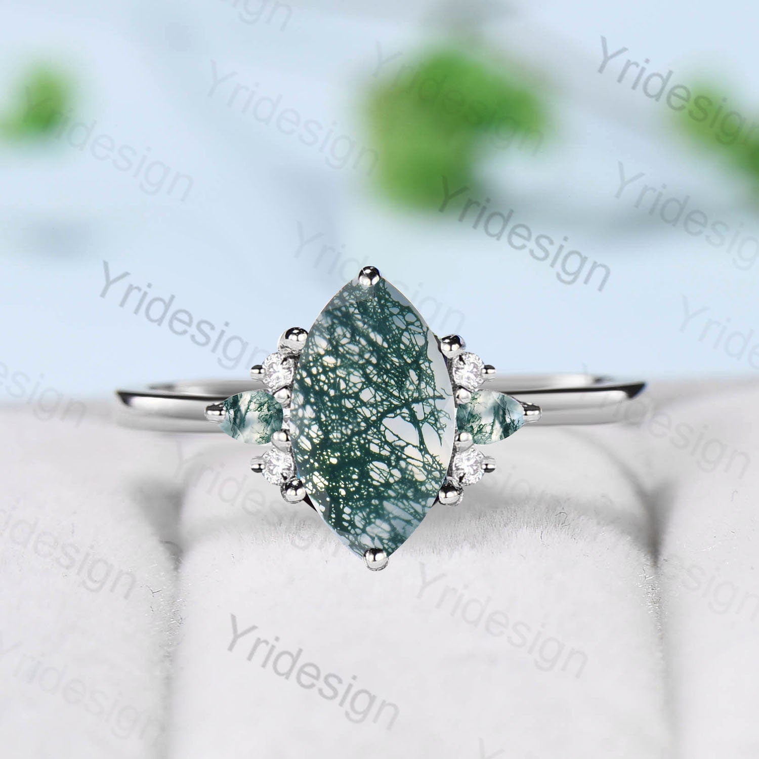 Vintage Marquise Cut Moss agate engagement ring cluster teardrop green agate ring for women silver rose gold 1carat aquatic gem wedding Ring - PENFINE