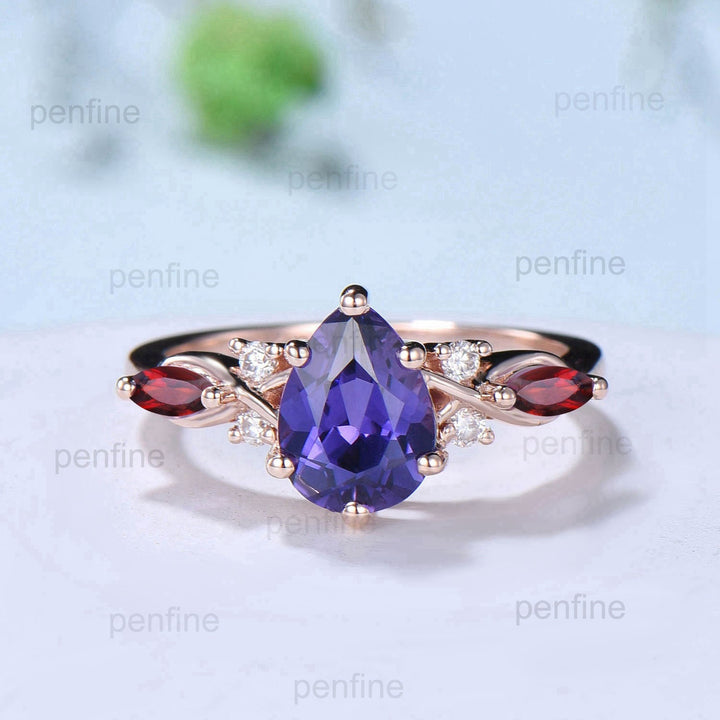 1.25CT Pear Shaped Purple Sapphire Wedding Ring Set Teardrop Sapphire Ruby Engagement Ring Set Unique Rose Gold Purple Crystal Bridal Set - PENFINE