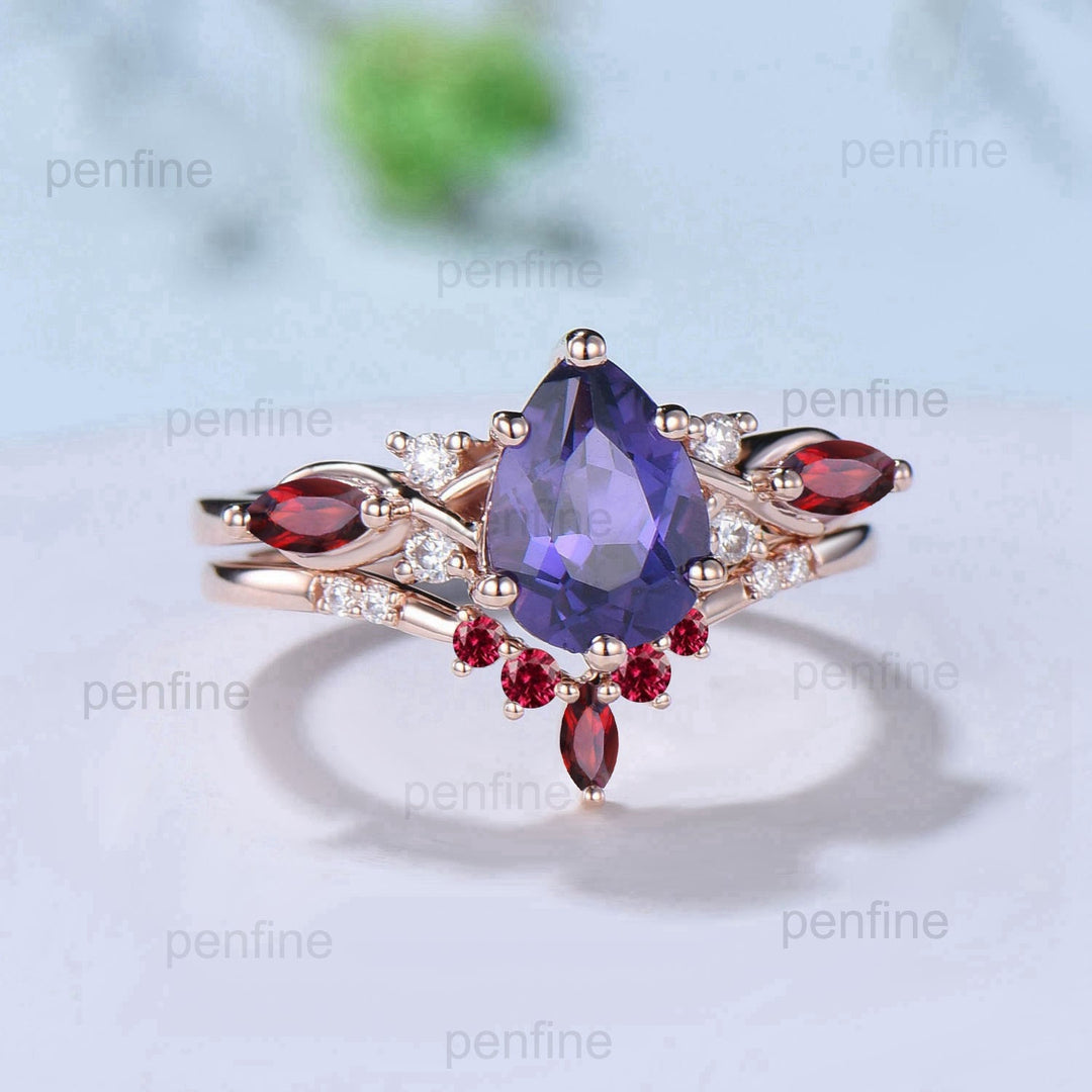 1.25CT Pear Shaped Purple Sapphire Wedding Ring Set Teardrop Sapphire Ruby Engagement Ring Set Unique Rose Gold Purple Crystal Bridal Set - PENFINE