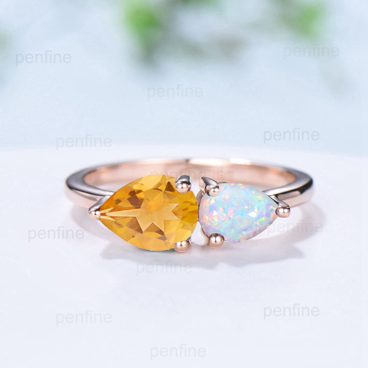 Solitaire 5x7mm pear citrine engagement ring Two Stone 4x6mm opal alexandrite wedding ring for women dainty anniversary ring for daughter - PENFINE