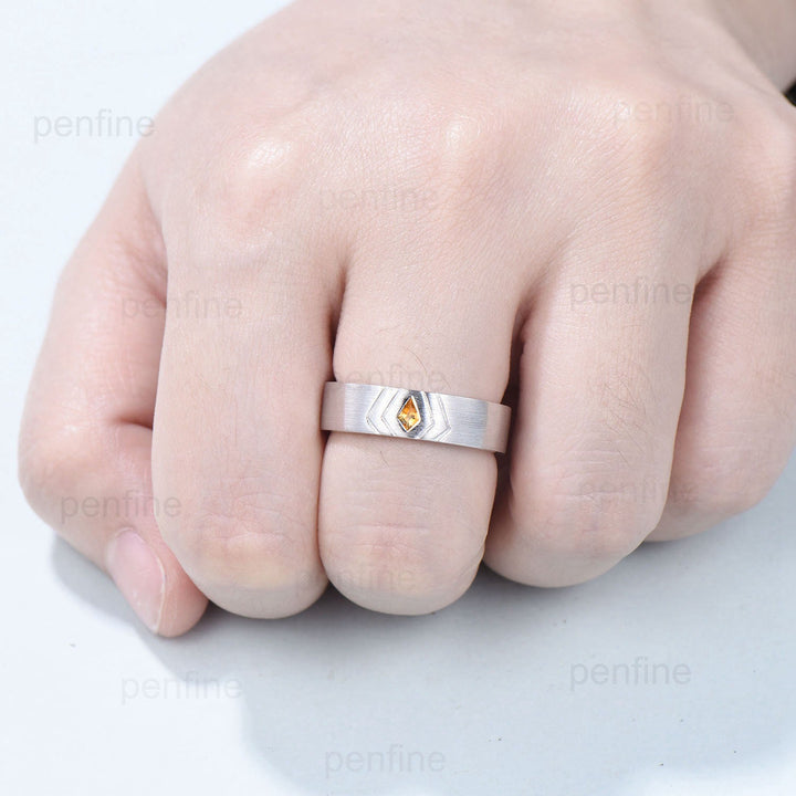 6mm Brushed Finished Men's Wedding Ring Kite Cut Citrine Wedding Band Silver White Gold Howl's Ring Sophie's Ring Matching Band Gift For Men - PENFINE