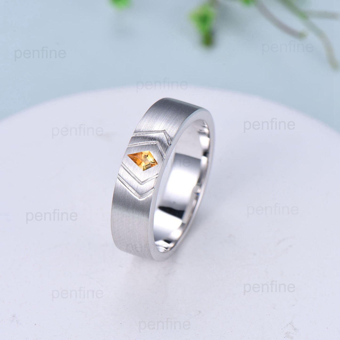6mm Brushed Finished Men's Wedding Ring Kite Cut Citrine Wedding Band Silver White Gold Howl's Ring Sophie's Ring Matching Band Gift For Men - PENFINE