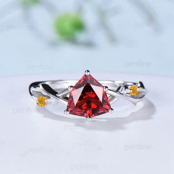 8mm Shield cut garnet engagement ring Leaf Branch infinity Engagement Ring Art Deco Wedding Ring Unique Twig Vine January Birthstone Ring - PENFINE