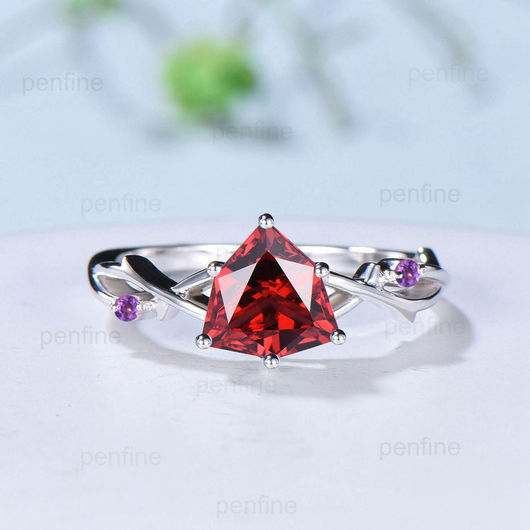 8mm Shield cut garnet engagement ring Leaf Branch infinity Engagement Ring Art Deco Wedding Ring Unique Twig Vine January Birthstone Ring - PENFINE