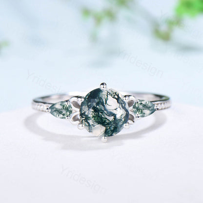 7mm Round Vintage Moss Agate Engagement Ring Set Three Stone Pear Green Agate Wedding Set Milgrain Elegant Emerald Bridal Ring Set For Women - PENFINE