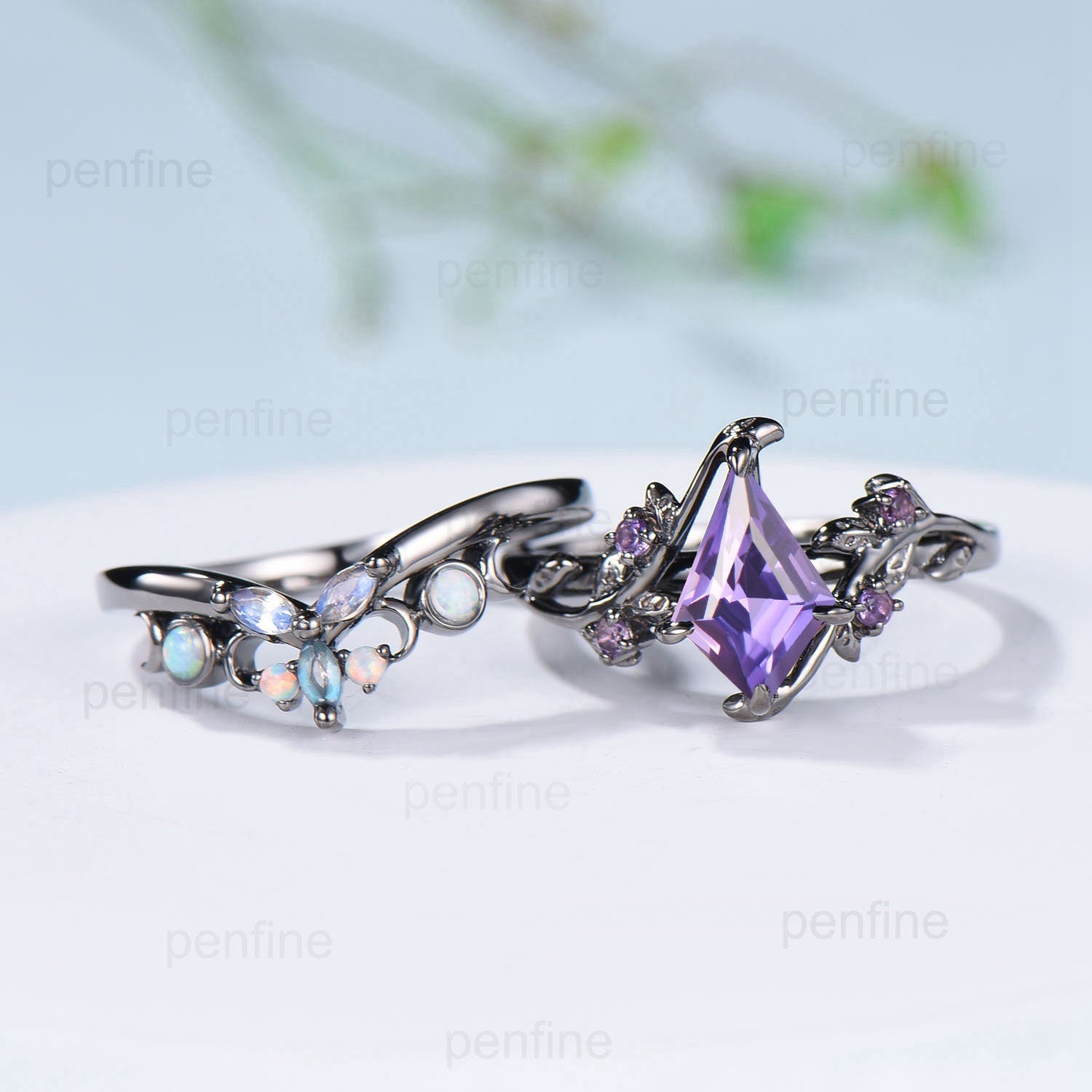 Nature Inspired kite purple sapphire engagement ring set twig vine amethyst wedding ring set Vintage marquise moonstone opal stacking ring - PENFINE