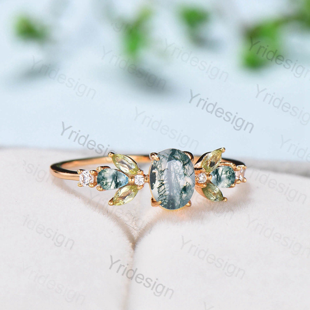 1 carat Oval Natural Moss Agate Engagement Rings Multi-Stone Rings Marquise Cut Peridot Wedding Ring Pear Green Agate Anniversary Ring Women - PENFINE