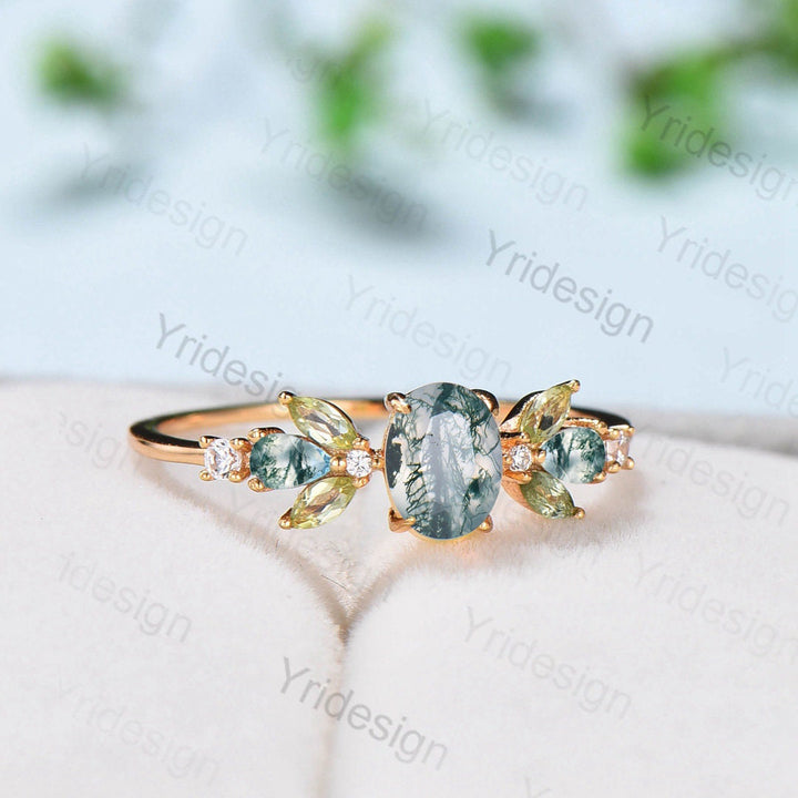 1 carat Oval Natural Moss Agate Engagement Rings Multi-Stone Rings Marquise Cut Peridot Wedding Ring Pear Green Agate Anniversary Ring Women - PENFINE