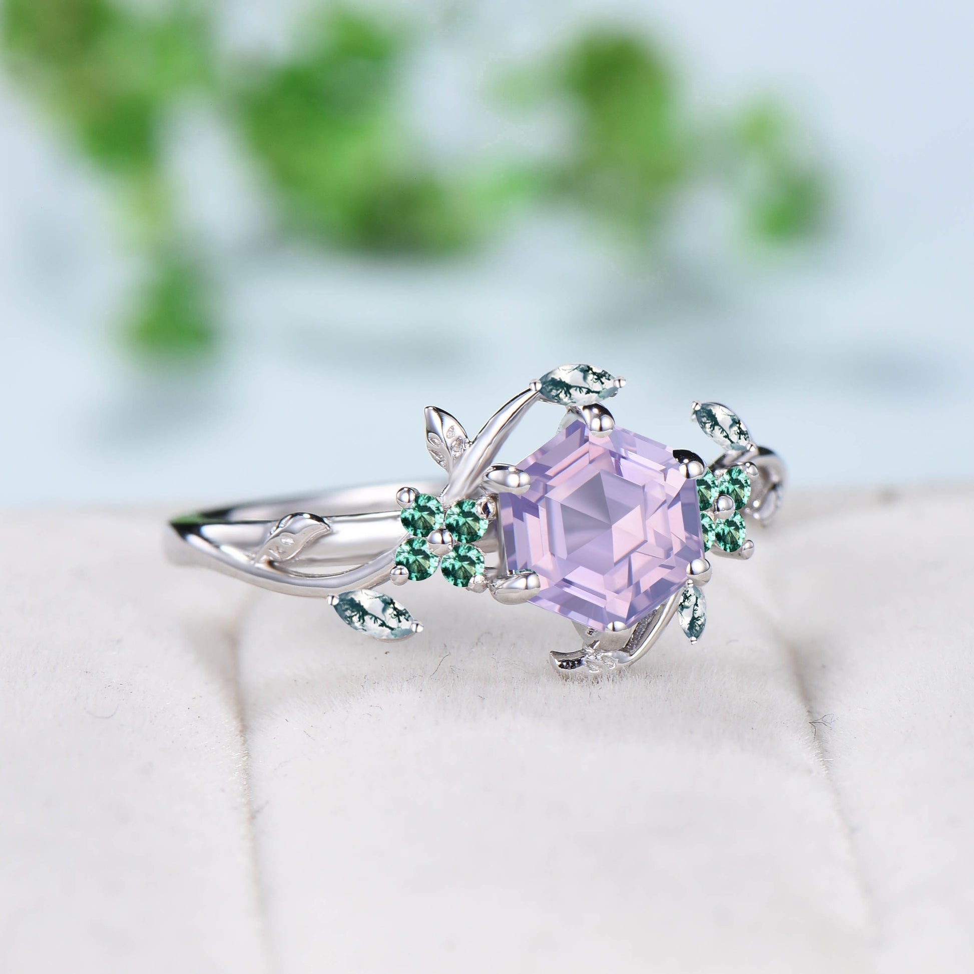 Elegant Hexagon Lavender Amethyst Ring Vintage Unique Twig Engagement Ring Marquise Moss Agate Wedding Ring Natural inspired Emerald Ring - PENFINE