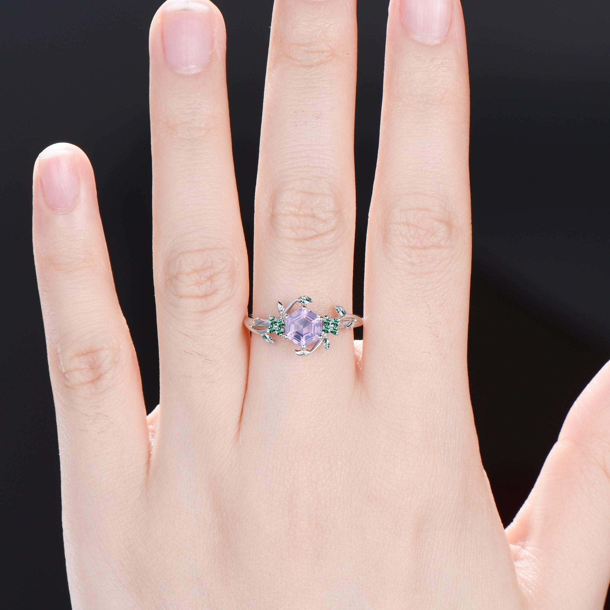 Elegant Hexagon Lavender Amethyst Ring Vintage Unique Twig Engagement Ring Marquise Moss Agate Wedding Ring Natural inspired Emerald Ring - PENFINE