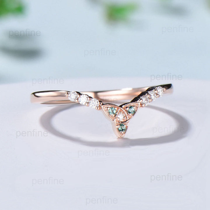 Emerald Moissanite Rose Gold Wedding Band, Vintage Stacking Ring - PENFINE