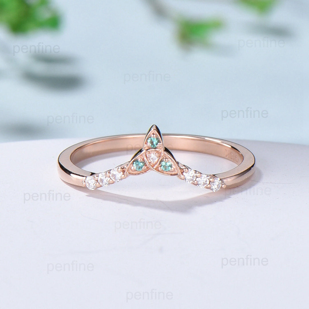 Emerald Moissanite Rose Gold Wedding Band, Vintage Stacking Ring - PENFINE