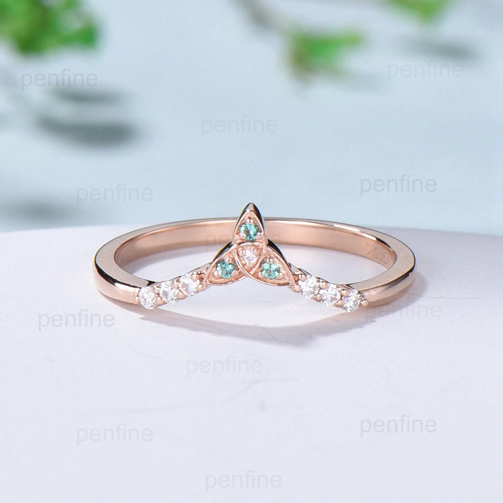 Emerald Moissanite Rose Gold Wedding Band, Vintage Stacking Ring - PENFINE