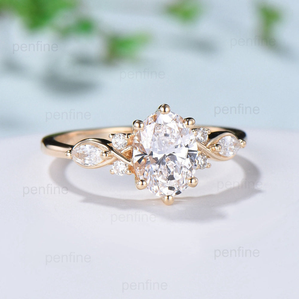 Vintage Oval Cut Moissanite engagement ring VS-D flawless moissanite ring for women 14K Yellow Gold marquise diamond moissanite wedding Ring - PENFINE