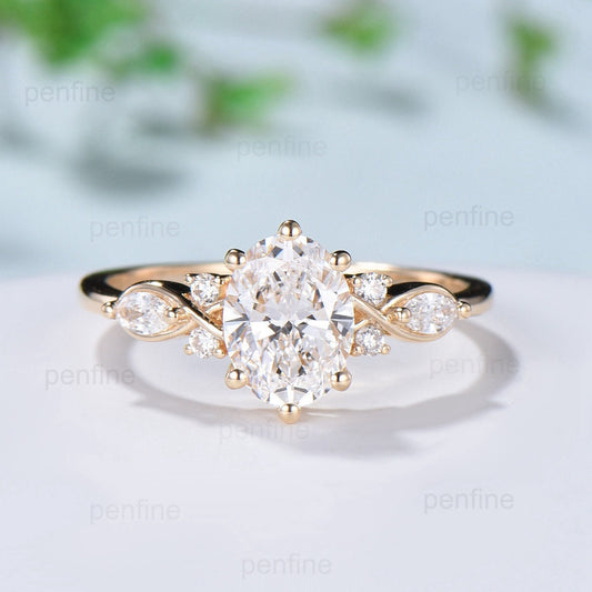 Vintage Oval Cut Moissanite engagement ring VS-D flawless moissanite ring for women 14K Yellow Gold marquise diamond moissanite wedding Ring - PENFINE