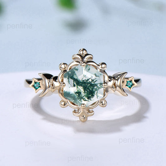 Unique Crescent Moon Moss Agate Engagement Ring Nature Inspired Floral Green Agate Moon Star Emerald Wedding Ring Retro Anniversary gift - PENFINE