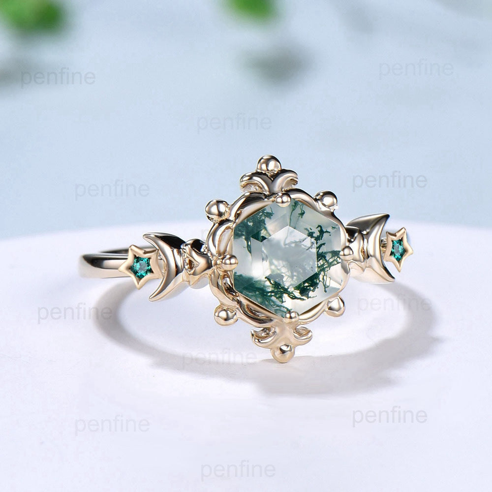 Unique Crescent Moon Moss Agate Engagement Ring Nature Inspired Floral Green Agate Moon Star Emerald Wedding Ring Retro Anniversary gift - PENFINE