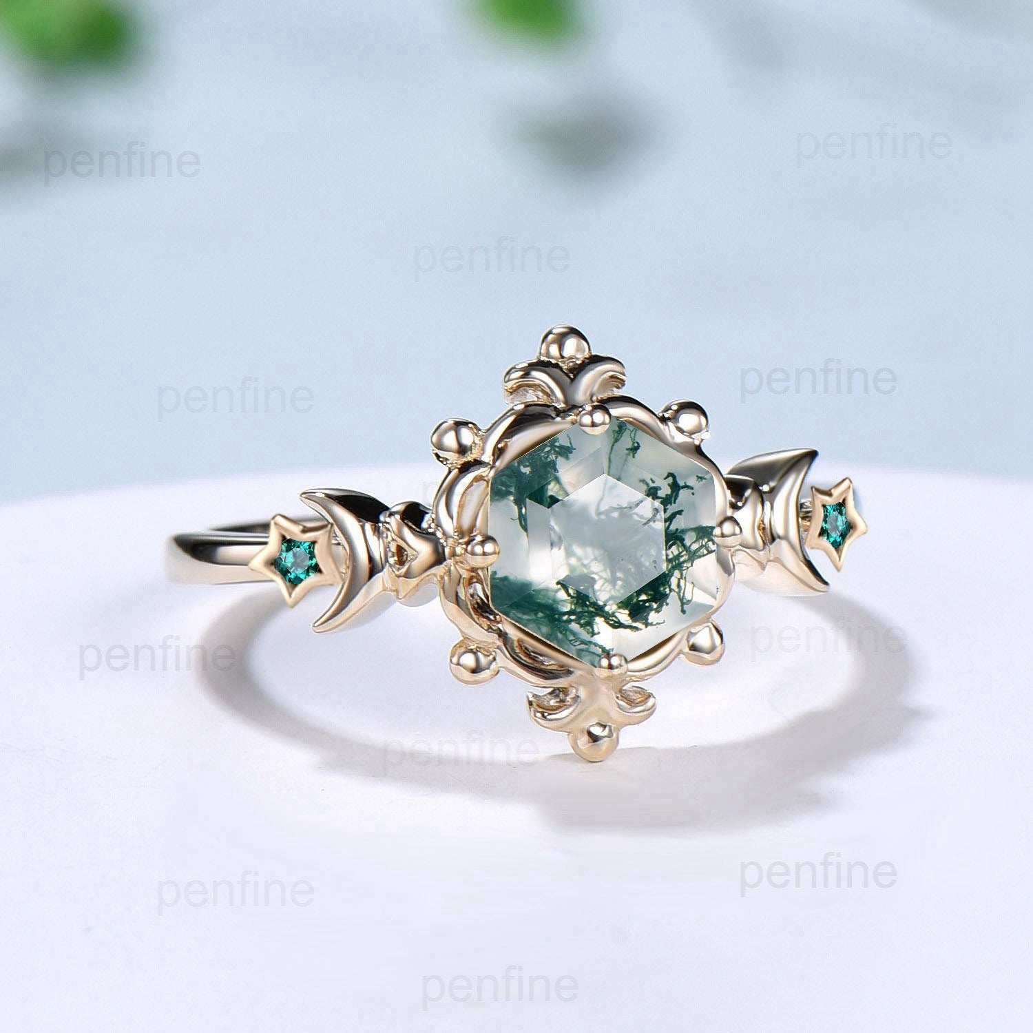 Unique Crescent Moon Moss Agate Engagement Ring Nature Inspired Floral Green Agate Moon Star Emerald Wedding Ring Retro Anniversary gift - PENFINE