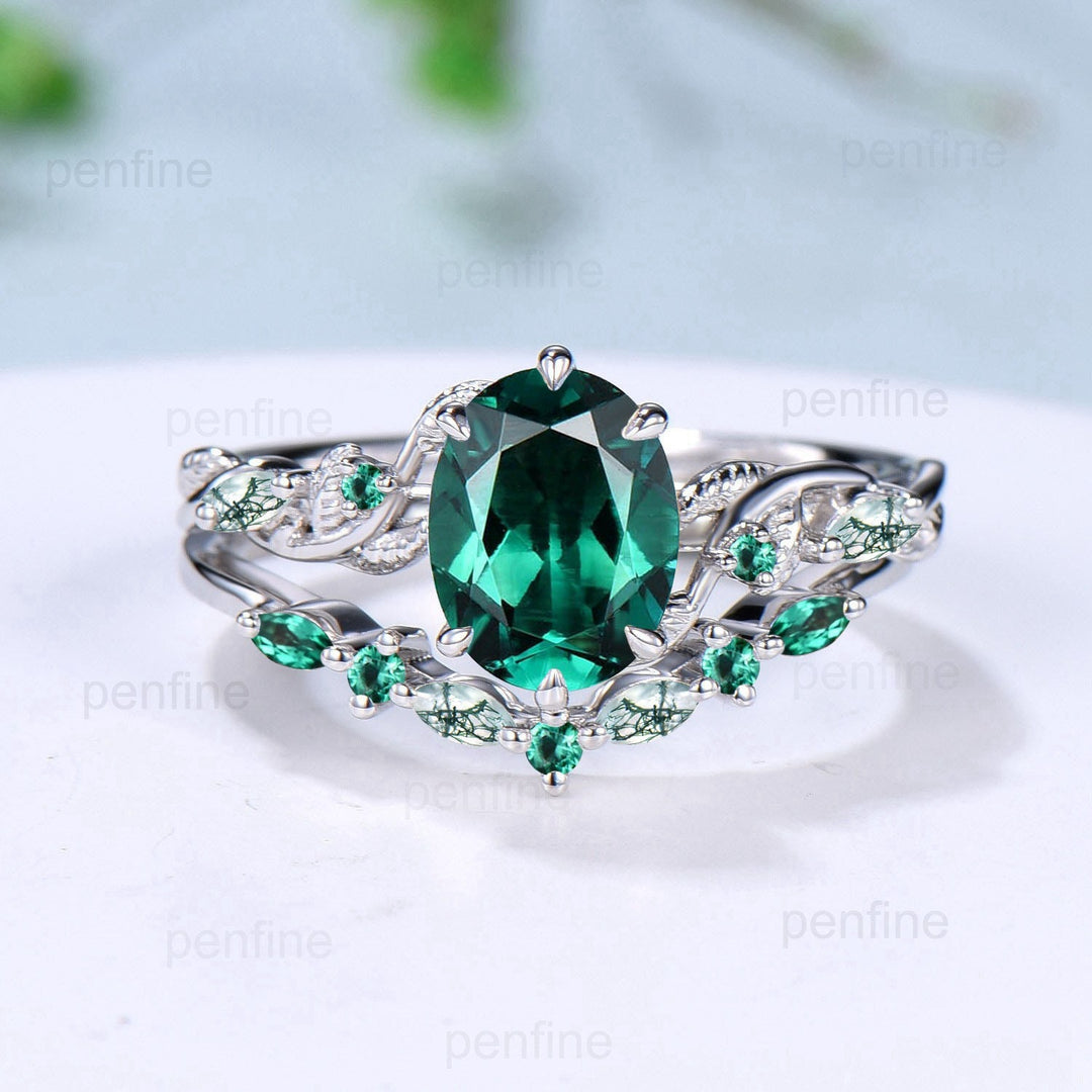 Retro 2Ct 7x9mm Oval emerald engagement ring set nature inspired Leaf Vine wedding marquise moss agate ring set Handmade Proposal Gifts - PENFINE