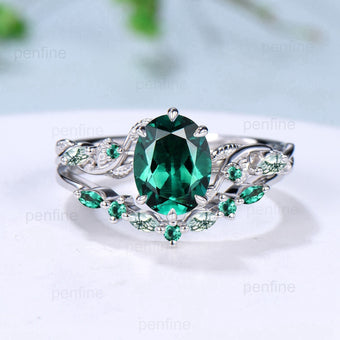 Retro 2Ct 7x9mm Oval emerald engagement ring set nature inspired Leaf Vine wedding marquise moss agate ring set Handmade Proposal Gifts - PENFINE
