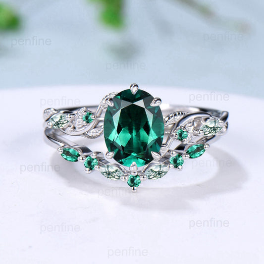 Retro 2Ct 7x9mm Oval emerald engagement ring set nature inspired Leaf Vine wedding marquise moss agate ring set Handmade Proposal Gifts - PENFINE