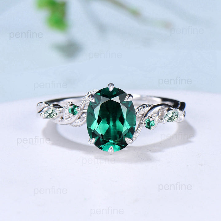 Retro 2Ct 7x9mm Oval emerald engagement ring set nature inspired Leaf Vine wedding marquise moss agate ring set Handmade Proposal Gifts - PENFINE