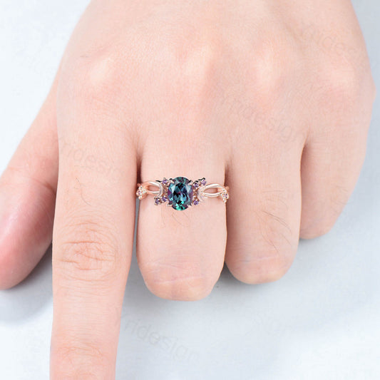 Vintage 1.5CT Oval Cut Alexandrite Ring Twig Infinity Color Change Moon Engagement Ring Unique Flower Amethyst Wedding Ring Gift For Women - PENFINE