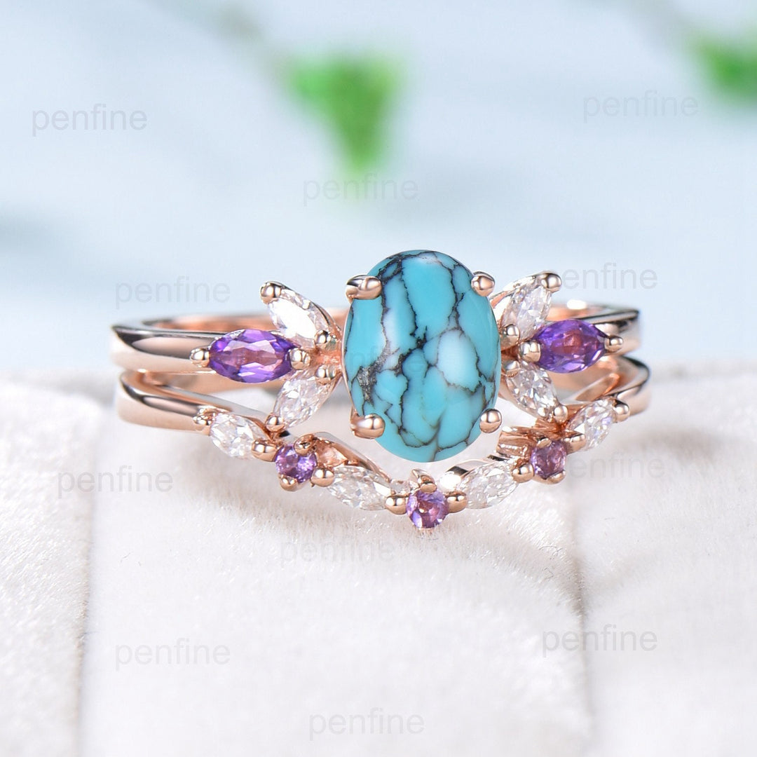 Vintage 1.5 CT oval turquoise engagement ring set retro marquise cut amethyst wedding ring art deco diamond moissanite stacking bridal set - PENFINE