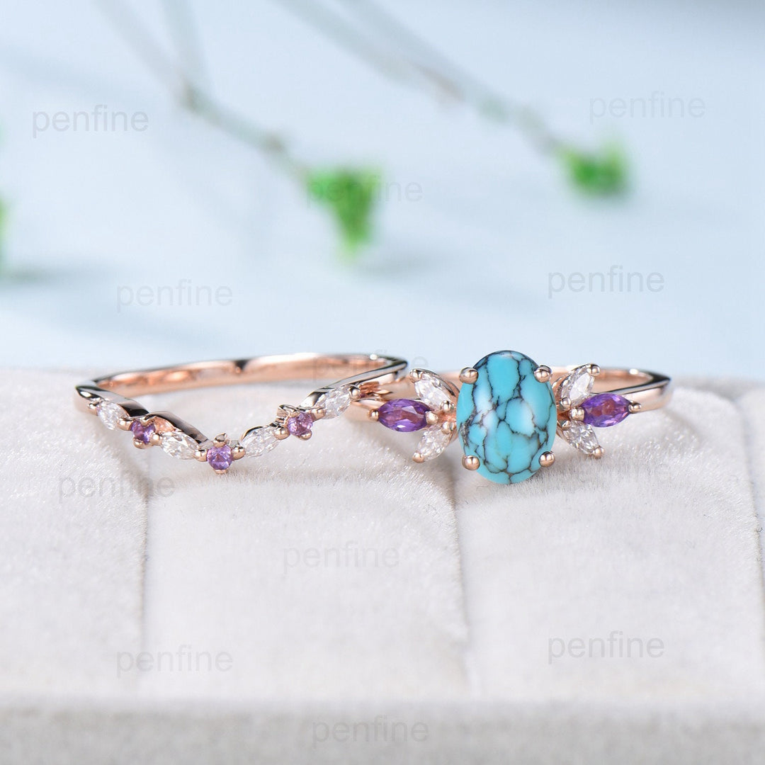 Vintage 1.5 CT oval turquoise engagement ring set retro marquise cut amethyst wedding ring art deco diamond moissanite stacking bridal set - PENFINE