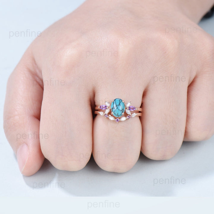 Vintage 1.5 CT oval turquoise engagement ring set retro marquise cut amethyst wedding ring art deco diamond moissanite stacking bridal set - PENFINE