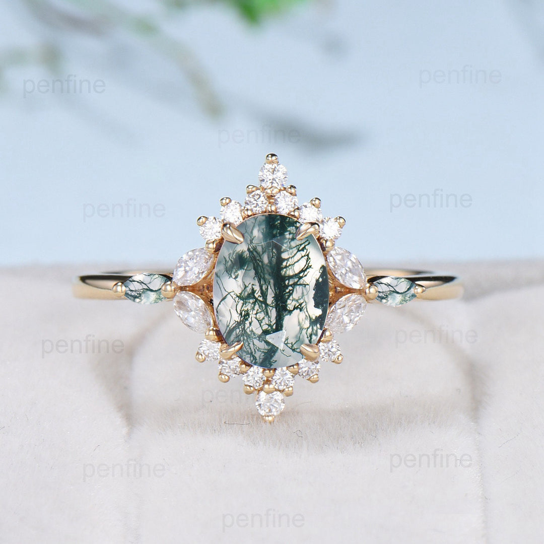 Vintage Oval Natural Moss Agate Engagement Rings Halo Diamond Marquise Cut Aquatic Agate Wedding Ring Art Deco Green Agate Anniversary Ring - PENFINE