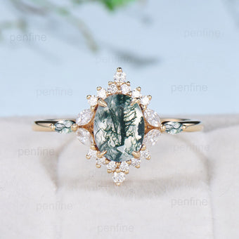 Vintage Oval Natural Moss Agate Engagement Rings Halo Diamond Marquise Cut Aquatic Agate Wedding Ring Art Deco Green Agate Anniversary Ring - PENFINE
