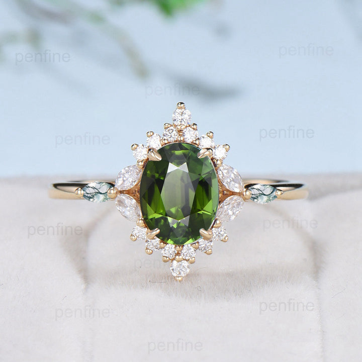 Vintage Oval Natural Green Tourmaline Engagement Rings Halo Diamond Marquise Cut Agate Wedding Ring Art Deco Green Crystal Anniversary Ring - PENFINE