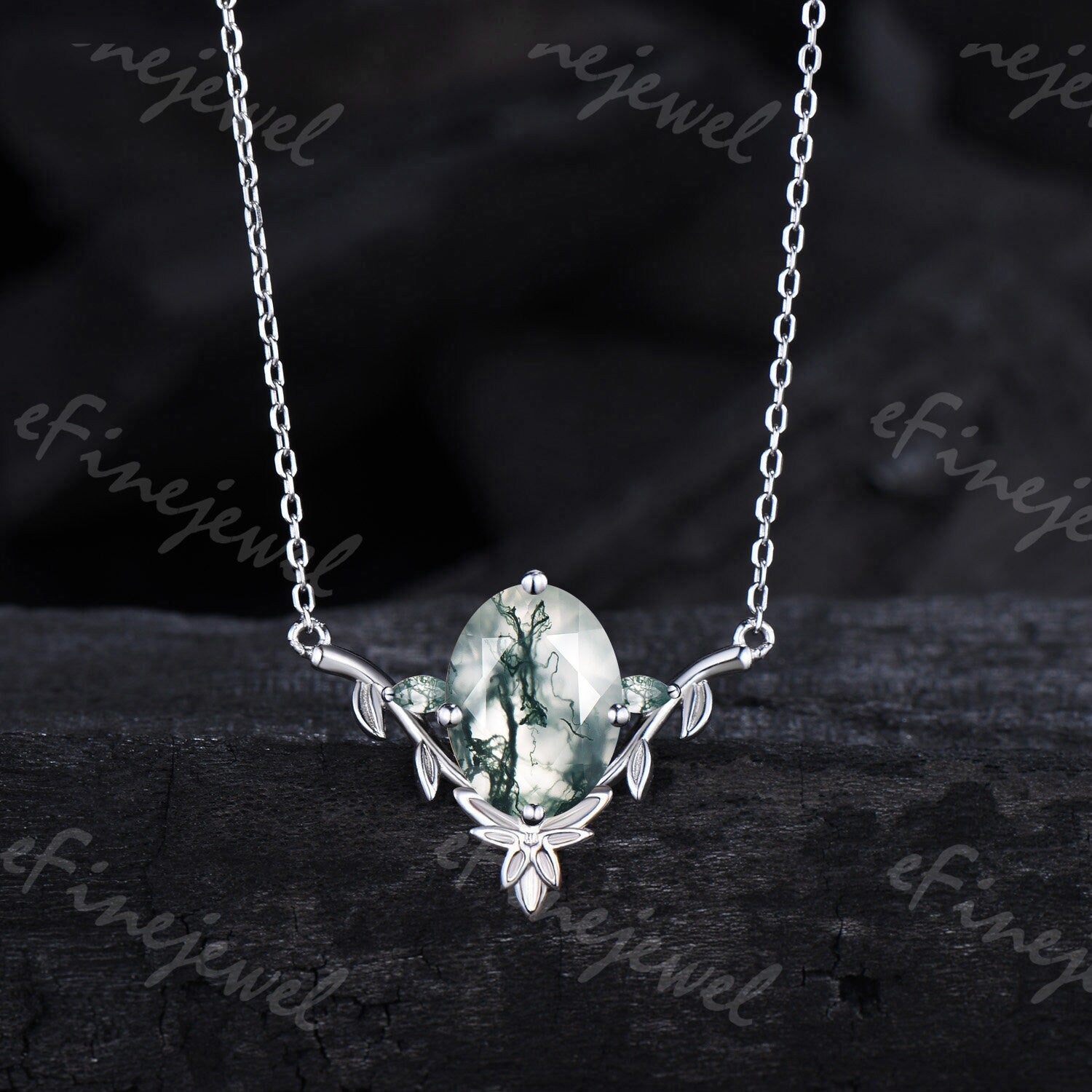 Moss Agate Leaf Vine Pendant Necklace, Nature Inspired