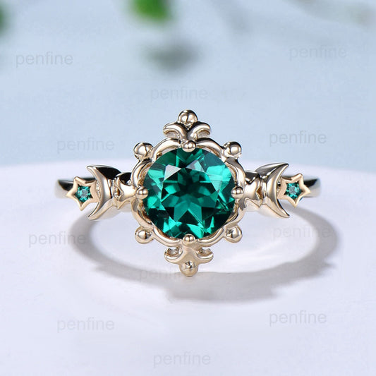 Vintage Crescent Moon Emerald Engagement Ring Unique Nature Inspired Flower Galaxy Star Yellow Gold  Emerald Wedding Ring Anniversary gift - PENFINE