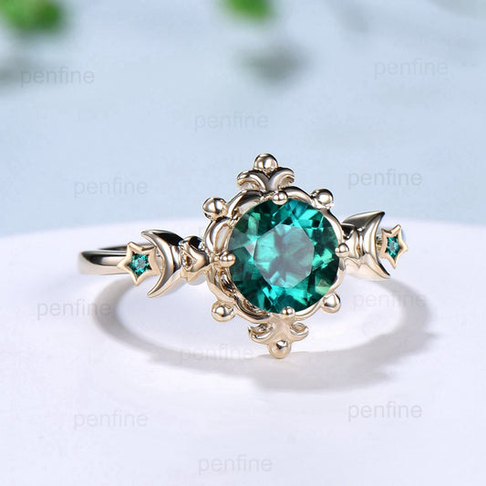 Vintage Crescent Moon Emerald Engagement Ring Unique Nature Inspired Flower Galaxy Star Yellow Gold Emerald Wedding Ring Anniversary gift - PENFINE