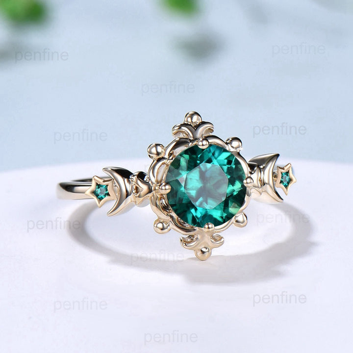 Vintage Crescent Moon Emerald Engagement Ring Unique Nature Inspired Flower Galaxy Star Yellow Gold  Emerald Wedding Ring Anniversary gift - PENFINE