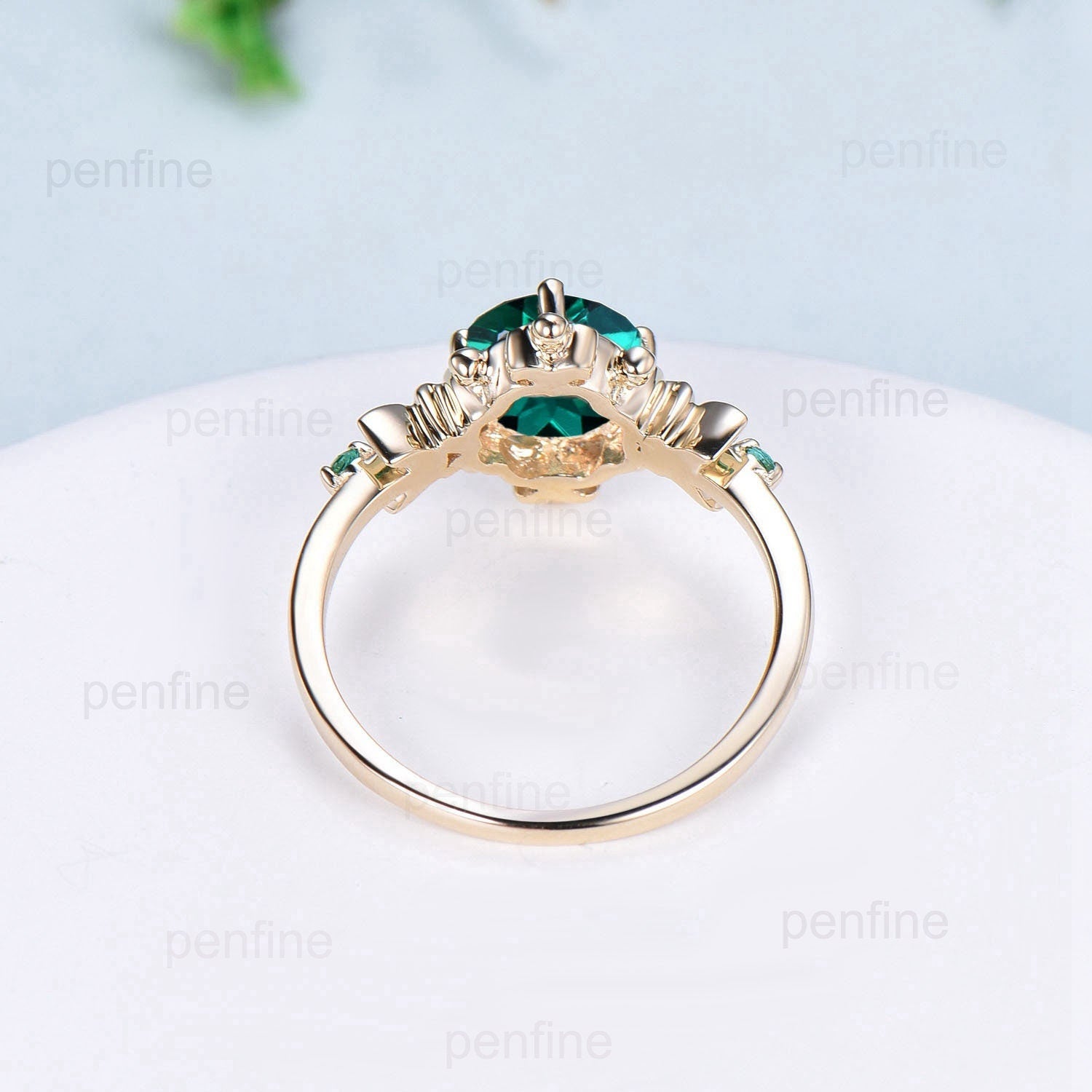 Vintage Crescent Moon Emerald Engagement Ring Unique Nature Inspired Flower Galaxy Star Yellow Gold  Emerald Wedding Ring Anniversary gift - PENFINE