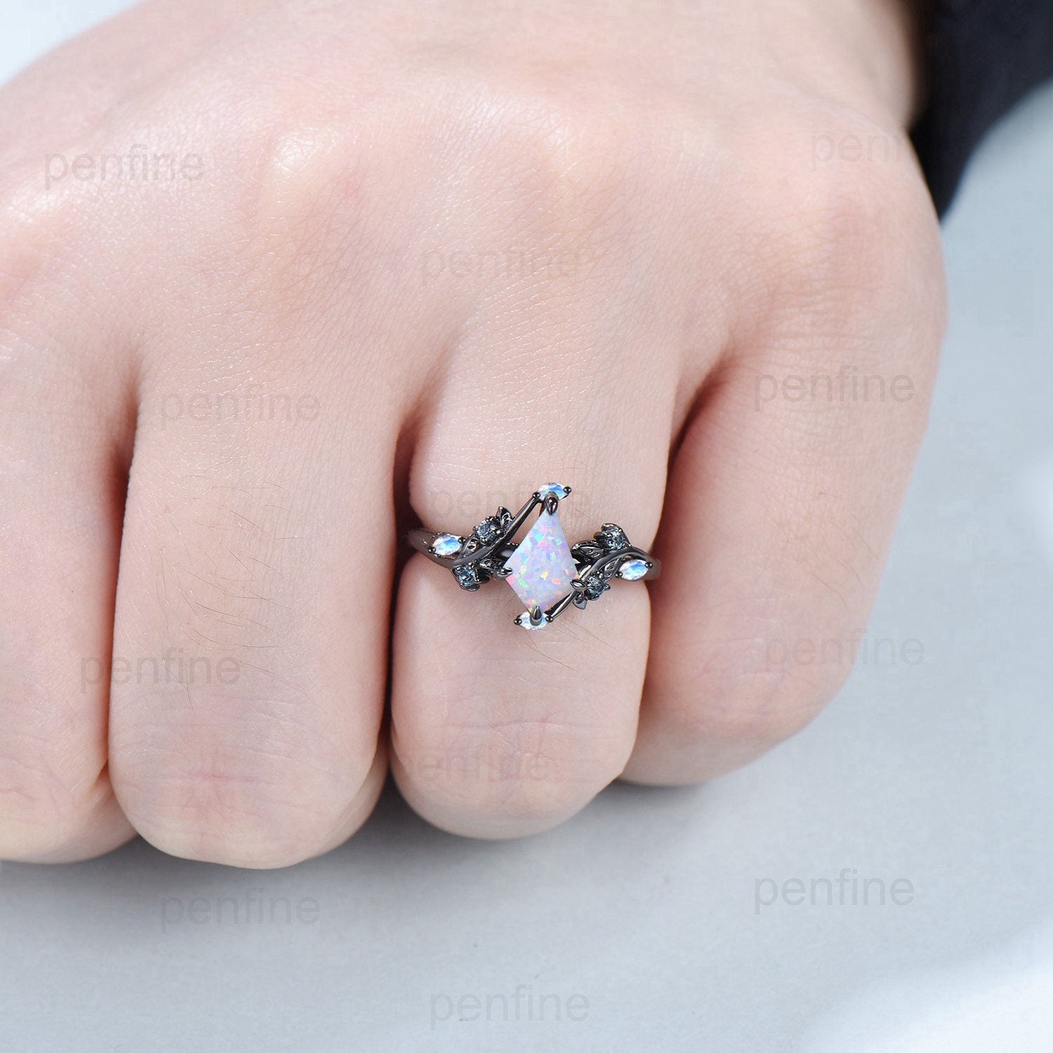 Elegant Black Gold White Opal Ring Vintage Kite cut Natural Inspired opal moonstone engagement ring Leaf vine alexandrite wedding ring women - PENFINE