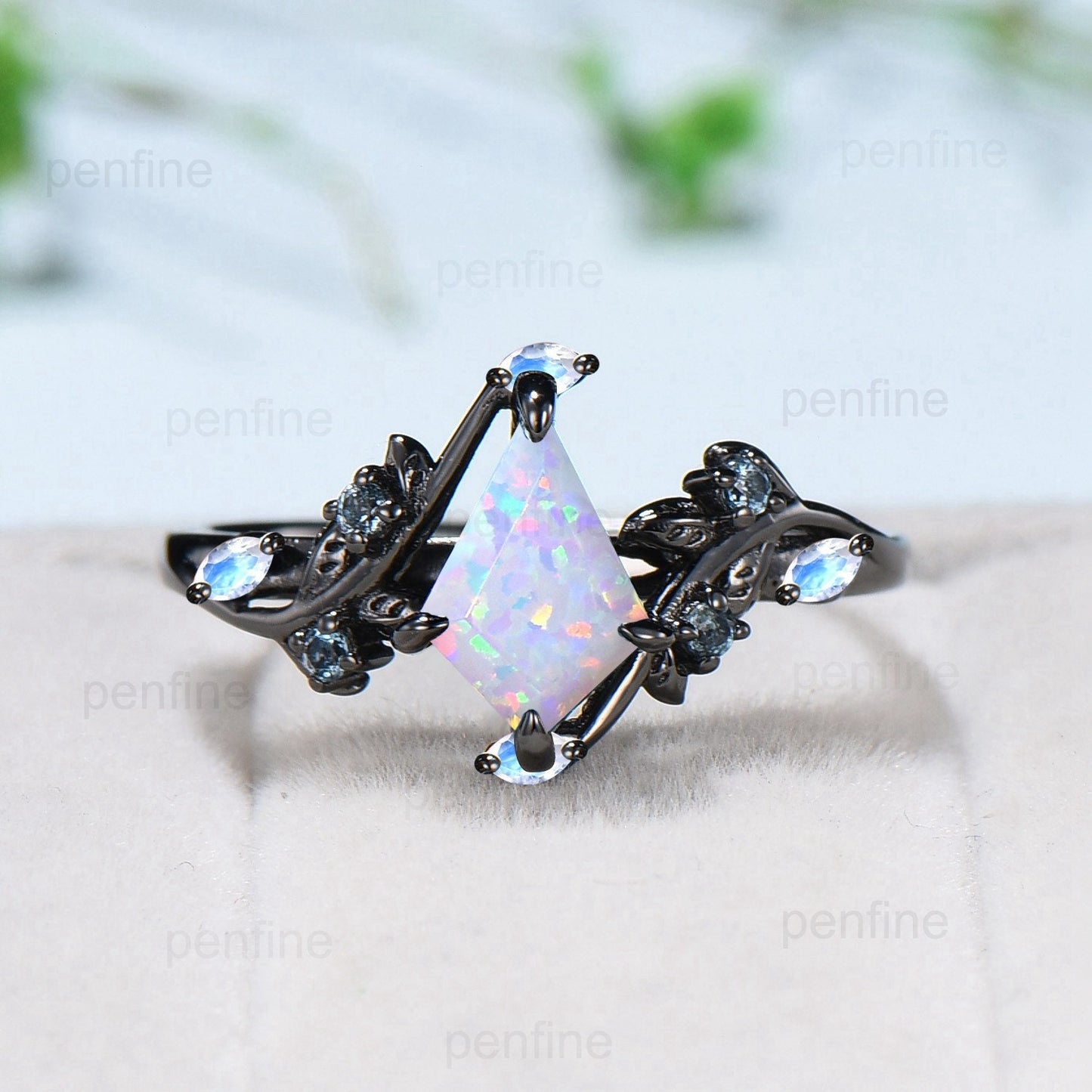 Elegant Black Gold White Opal Ring Vintage Kite cut Natural Inspired opal moonstone engagement ring Leaf vine alexandrite wedding ring women - PENFINE