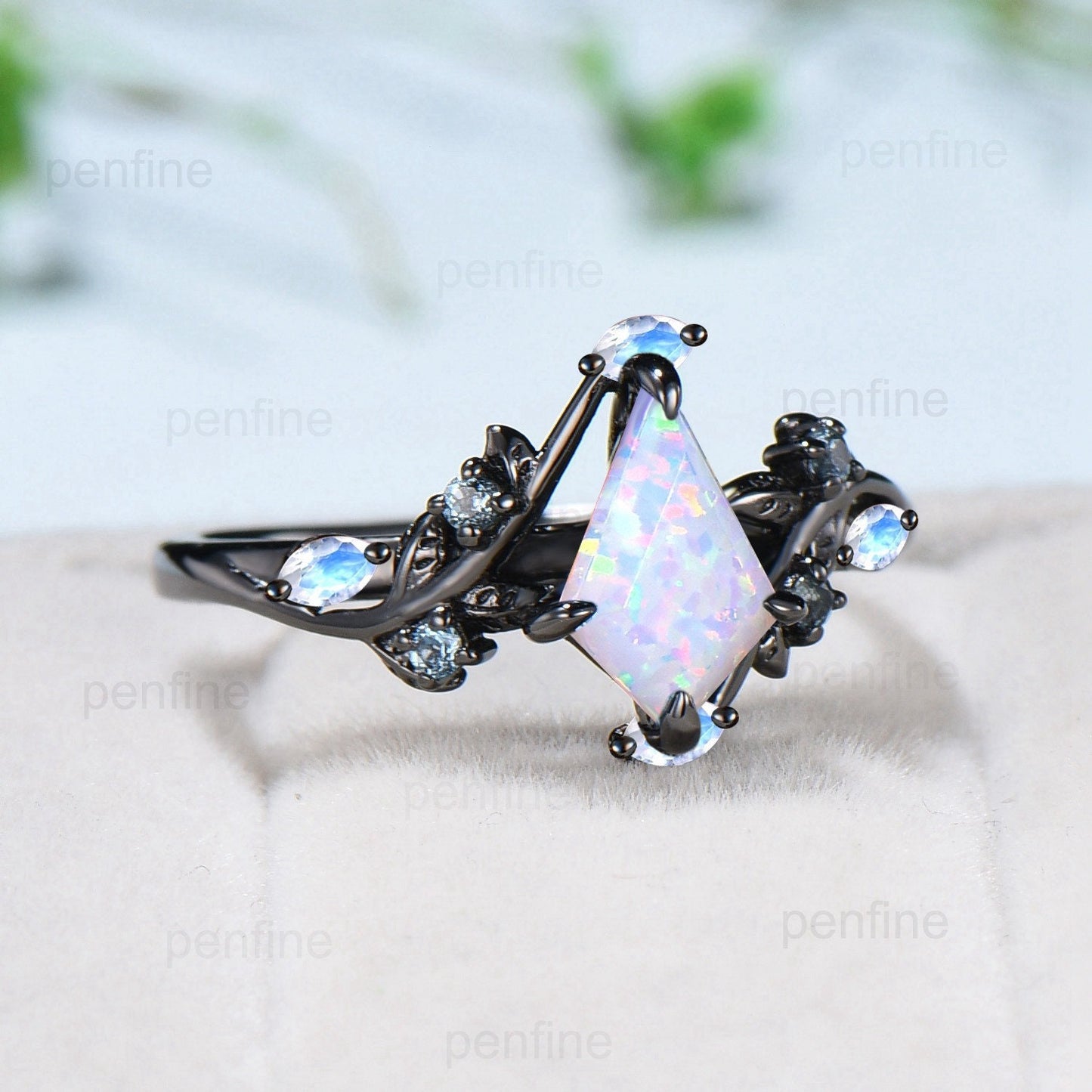 Elegant Black Gold White Opal Ring Vintage Kite cut Natural Inspired opal moonstone engagement ring Leaf vine alexandrite wedding ring women - PENFINE