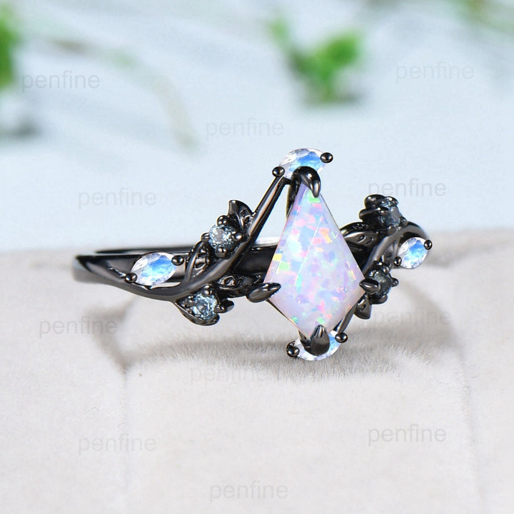 Elegant Black Gold White Opal Ring Vintage Kite cut Natural Inspired opal moonstone engagement ring Leaf vine alexandrite wedding ring women - PENFINE