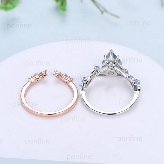 7X10mm Kite Twig Moss Agate Engagement Ring Leaf Vine Green Agate Wedding Set Nature Inspired White Gold Emerald Anniversary Ring For Women - PENFINE