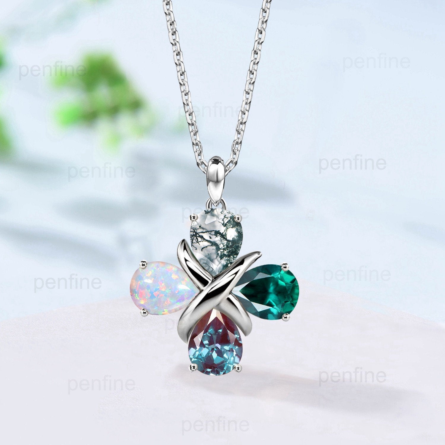 Unique Teardrop Necklace for Women Moss Agate Necklace Alexandrite Pendant Emerald Neckalce opal pendant Cross Floral Promise Gift - PENFINE