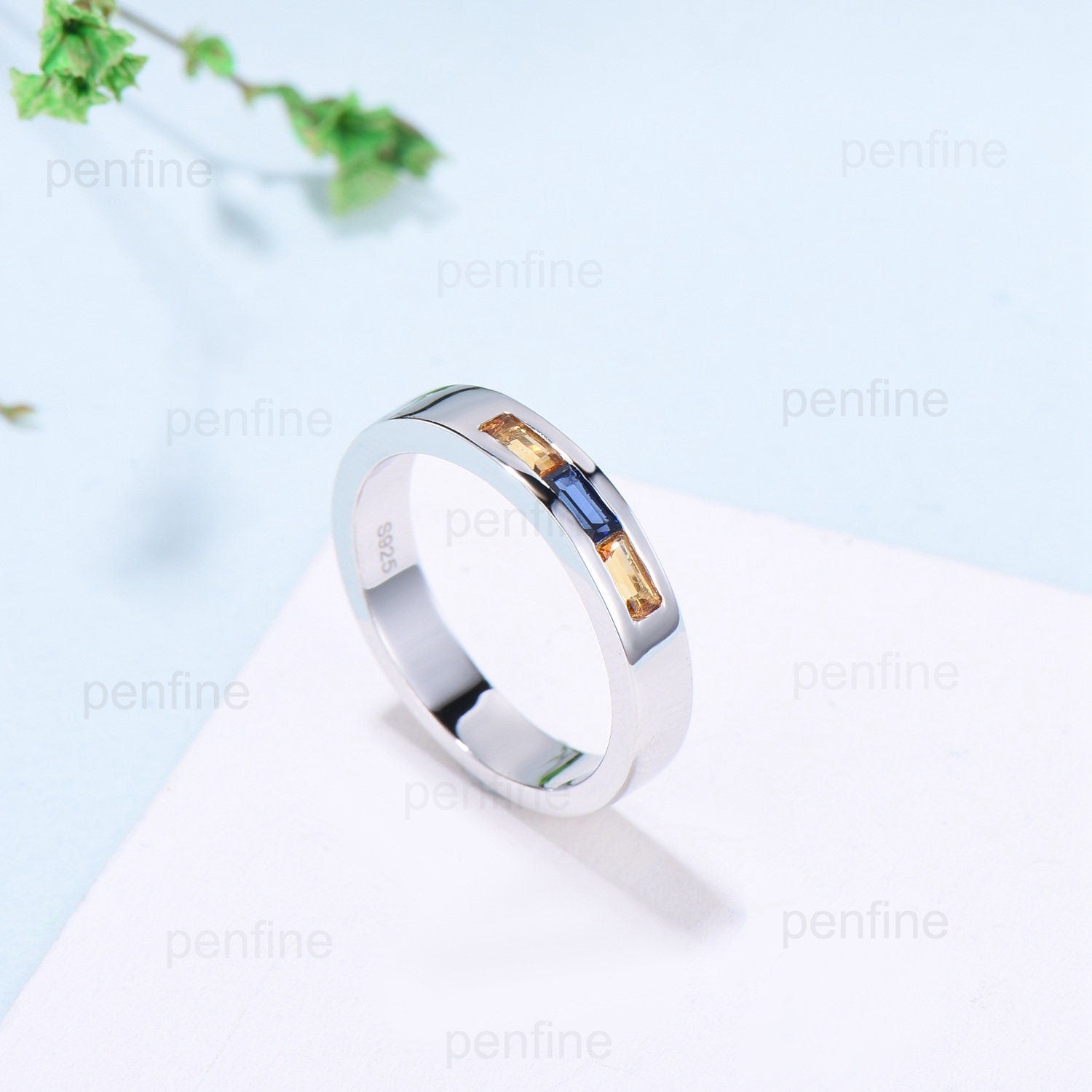 4mm Width Baguette Sapphire and Citrine Wedding Ring for Men Minimalist Brushed Wedding Band  Tension Design Retro Vintage Stacking Ring - PENFINE