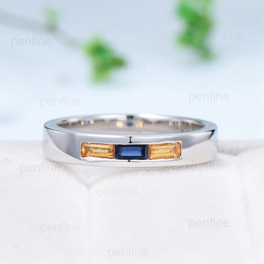 4mm Width Baguette Sapphire and Citrine Wedding Ring for Men Minimalist Brushed Wedding Band Tension Design Retro Vintage Stacking Ring - PENFINE