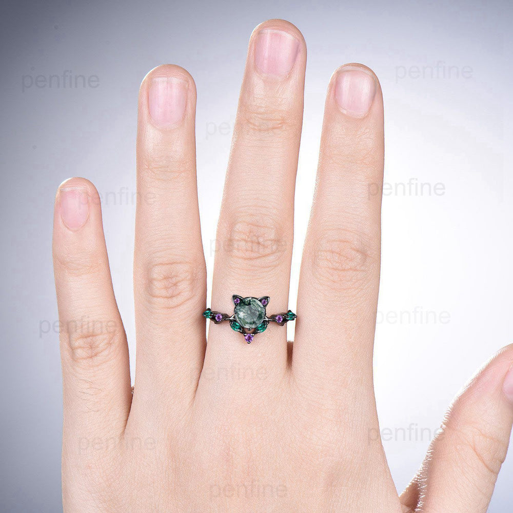 Dainty 5mm Round Green Moss Agate Cate Ring Vintage Aquatic Agate Engagement Ring Black Gold Marquise Emerald Amethyst Wedding Ring for Her - PENFINE