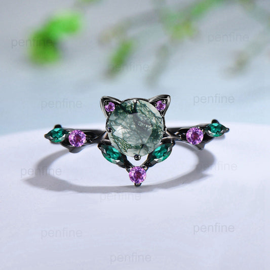 Dainty 5mm Round Green Moss Agate Cate Ring Vintage Aquatic Agate Engagement Ring Black Gold Marquise Emerald Amethyst Wedding Ring for Her - PENFINE