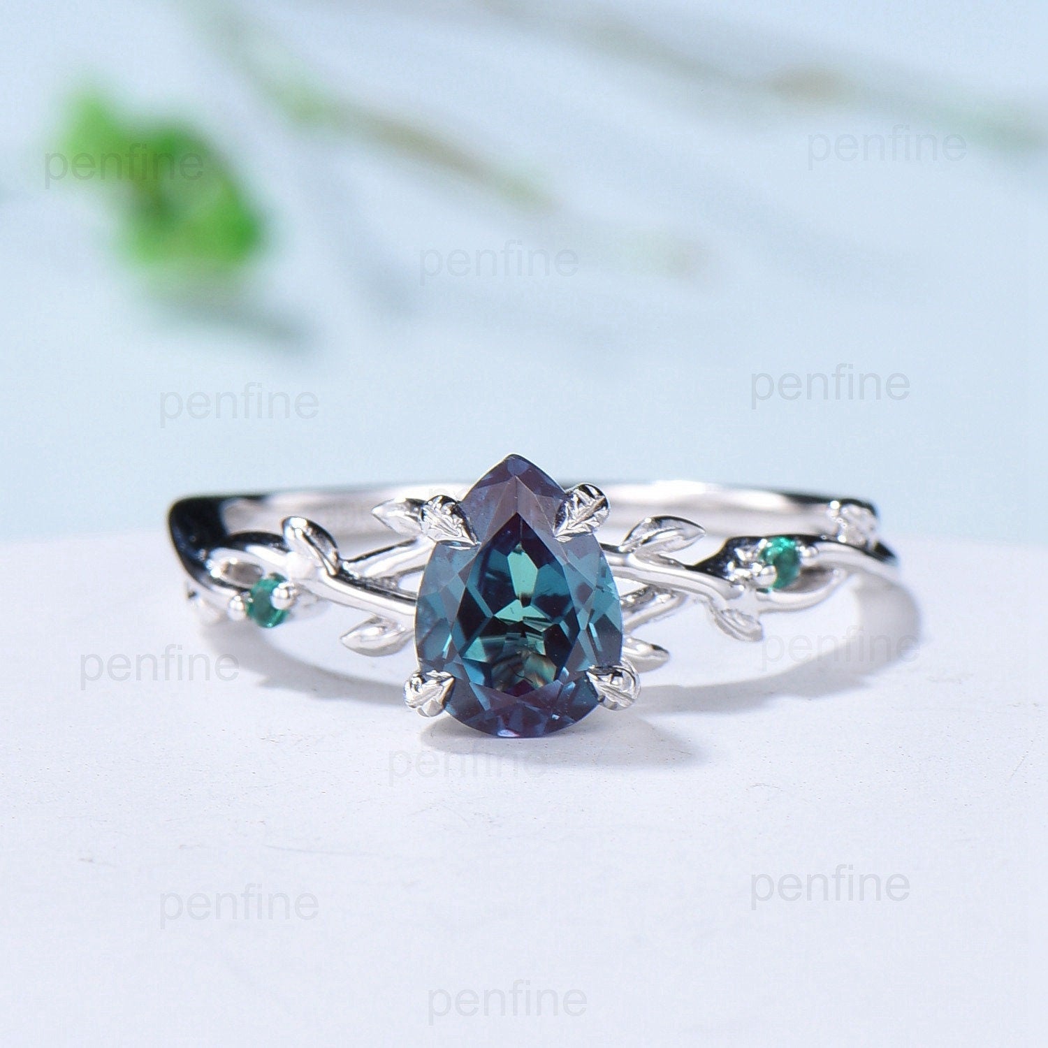 Twig Alexandrite Ring Set Vintage Pear Shaped 14K White Gold Engagement Ring Nature Inspired Wedding Set Art Deco Emerald Bridal Ring Set - PENFINE